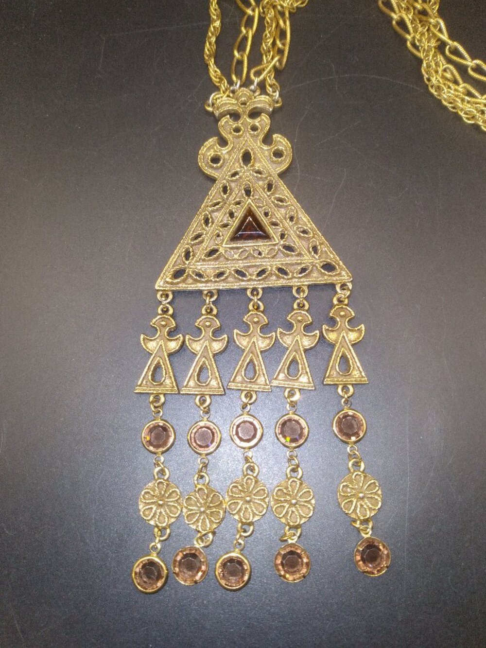 Vintage Goldette Angel Flower Festoon Amber Gold Plate Dangle Necklace